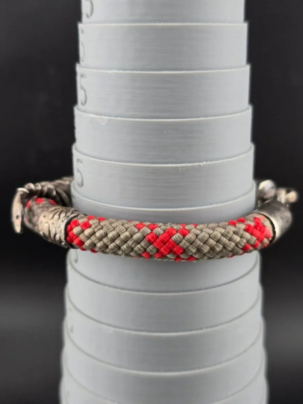 Vintage Mens Snake Red and Gray Cord Bracelet Metal Accents 6.25
